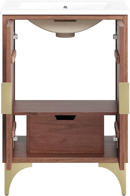 Modway Daylight Bathroom Vanity Cabinet with Ceramic Sink Basin, 24 Inch, White Walnut