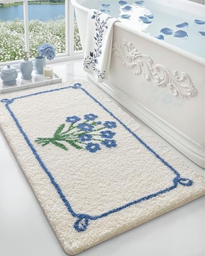 DEXI Floral Bathroom Rugs 43x24, Vintage Blue Bouquet Bath Mat Non Slip