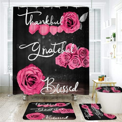 Onalasyc 4Pcs Pink Rose Floral Shower Curtain with Rugs Set