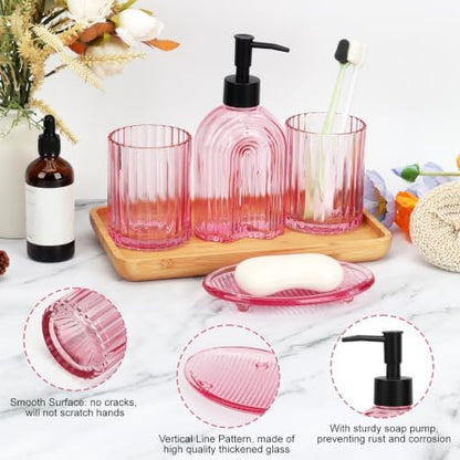 Bathroom Accessories Set, 4Pcs Glass Bathroom Accessories Set Complete, 11.6OZ Lotion Soap Dispenser, Toothbrush Holder, Mouthwash Cup, Soap Dish for Bathroom Decor, Countertop Organizer (Pink)