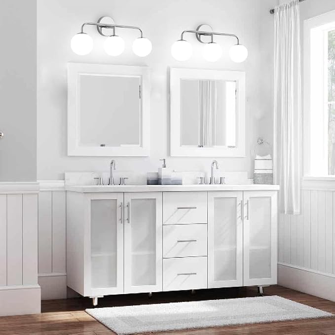 Chrome Vanity Lights, Mid Century Modern 3-Light Bathroom Lighting Fixture Over Mirror, Polished Wall Sconces With Frosted Milk Glass Shade