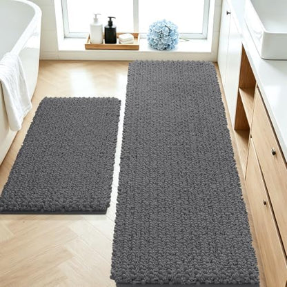 ACCUMTEK Upgrade Luxury 2 Piece Dark Gray Toilet Bathroom Rug Mat 60"x20"+32"x20", Ultra Soft Thick Absorbent Bath Mats, Non Slip Chenille Toilet Mat for Bathroom, Bedroom, Kitchen, Shower, Tub