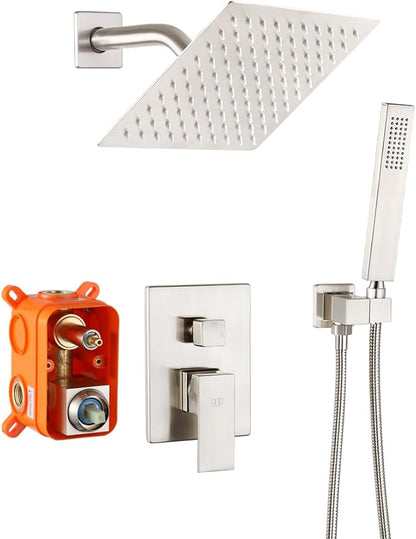 Shower System Brushed Nickel Bathroom Rainfall Shower Faucet Set Complete Wall Mounted 8 Inch Shower Head and Handle Set with Rough-in Valve Body and Trim Kit