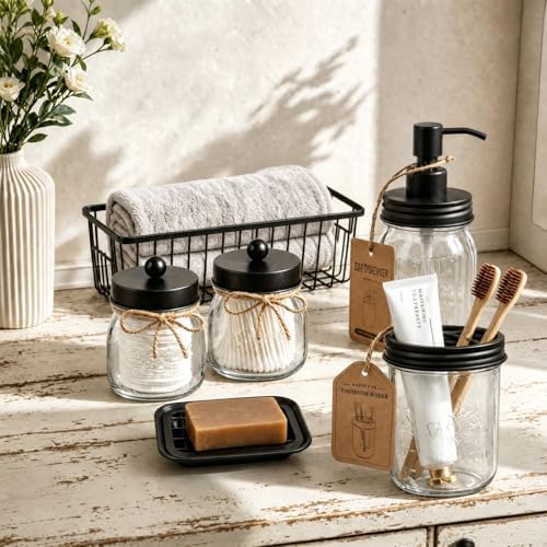 SheeChung Mason Jar Bathroom Accessories Set,6Pcs Rustic Bathroom Set,Black