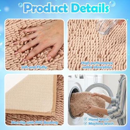 6 Pcs Chenille Bathroom Rugs Non Slip Bath Mats Set, Camel, Grey, Black