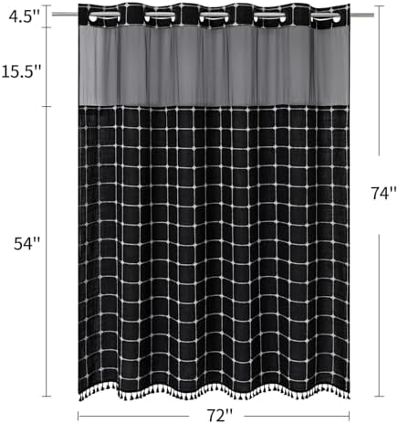 No Hooks Required Farmhouse Shower Curtain with Snap-in Liner - with Window & Magnets, Boho Cotton Linen Fabric Shower Curtains with Tassels for Rustic Bathroom Decor, Black and White, 72 x 74