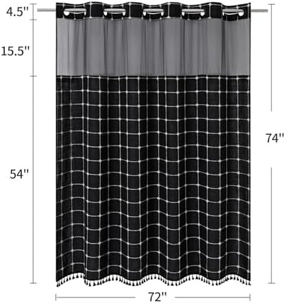 No Hooks Required Farmhouse Shower Curtain with Snap-in Liner - with Window & Magnets, Boho Cotton Linen Fabric Shower Curtains with Tassels for Rustic Bathroom Decor, Black and White, 72 x 74