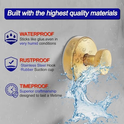 Bntuk Suction Cup Hooks for Shower, Towel Hooks for Bathroom Window Glass, Bath Robe Looafh Hook for Hanging - 2 Pack, Gold