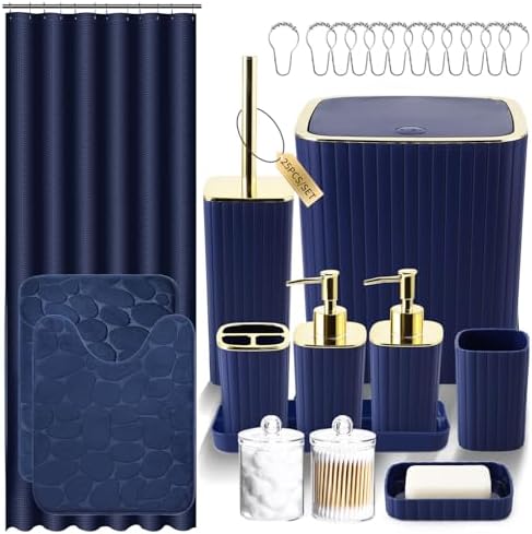 XLHOMO Bathroom Set with Shower Curtain and Rugs- 25PC Blue Bathroom Accessory Set, Navy Blue Shower Curtain Set, Toilet Brush, Trash Can, Qtip Holder & Soap Dispenser