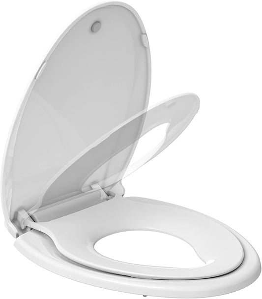 19" Elongated Toilet Seat with Built-In Potty Training Seat, Soft Quiet-Close Lid with Non-Slip Design, Magnetic Kids Seat in White, Easy to Install and Clean