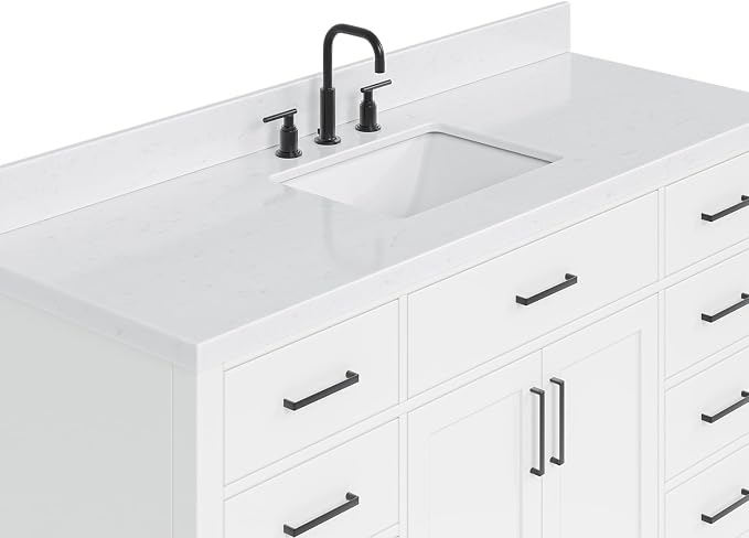 ARIEL Hepburn 60-inch Bathroom Vanity with Sink,Solid Wood, 1.5-inch Carrara White Quartz Countertop & Backsplash, Single Rectangular Porcelain Sink, 2 Soft Closing Doors, 9 Dovetail Drawers, White