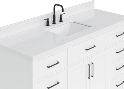 ARIEL Hepburn 60-inch Bathroom Vanity with Sink,Solid Wood, 1.5-inch Carrara White Quartz Countertop & Backsplash, Single Rectangular Porcelain Sink, 2 Soft Closing Doors, 9 Dovetail Drawers, White