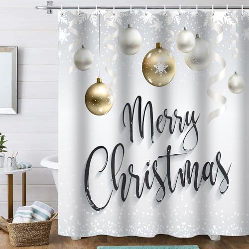 Onalasyc 4-Piece Christmas Shower Curtain Set,Golden Silver Xmas Ball Snowflake Holiday Waterproof Fabric Bathroom Shower Curtain Sets with Rugs,Cortina de baño de Navidad,with 12 Pcs Hooks