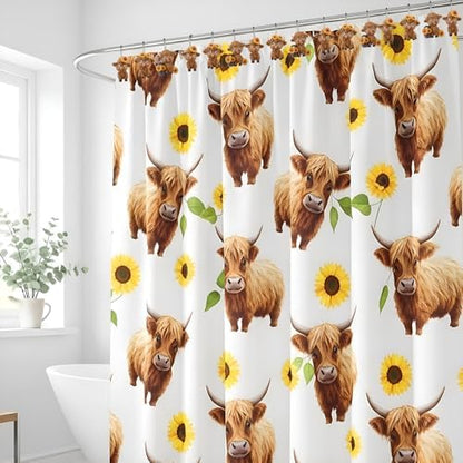 Roowest 12 Pcs Highland Cow Shower Curtain Hooks Sunflower Farmhouse