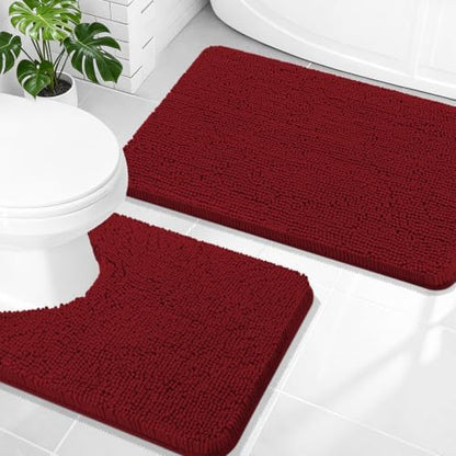 OLANLY Chenille Bathroom Rugs Mats Sets 2 Piece, 30"x20"+24"x20", Red