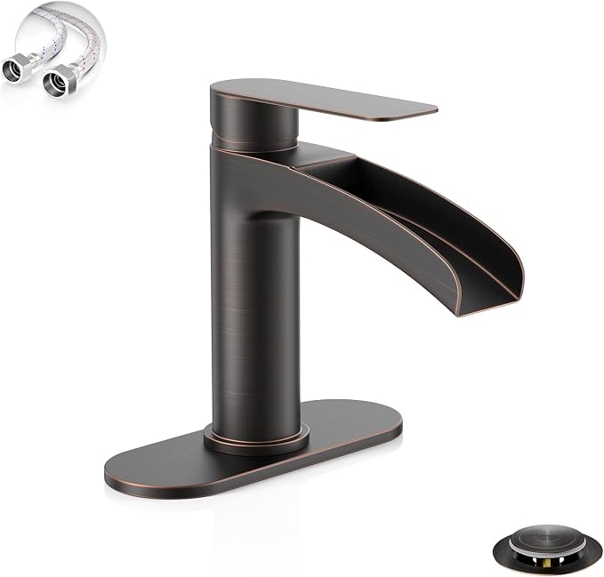 Oil Rubbed Bronze Waterfall Single Handle Bathroom Sink Faucet, with 6-Inch Deck Plate & Metal Pop Up Drain Assembly and CUPC Water Supply Lines,NS-SF01-ORB