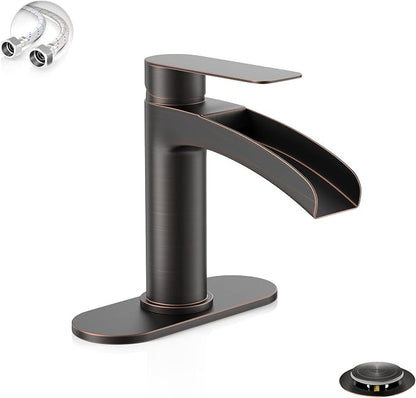 Oil Rubbed Bronze Waterfall Single Handle Bathroom Sink Faucet, with 6-Inch Deck Plate & Metal Pop Up Drain Assembly and CUPC Water Supply Lines,NS-SF01-ORB
