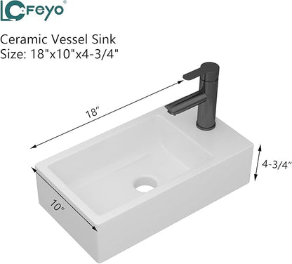 Small Bathroom Sink - 18"x10" Wall Mount Rectangular Ceramic Vessel Sink White Porcelain Floating Vanity Sink for Tiny Bathrooms with Faucet & Drain Combo (Right Hand Bowl Options)