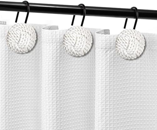 Sunlit Boho Knots Shower Curtain Hooks, Home Decorative White Shower Curtain Rings with Black Hooks for Bathroom, Seaside Nautical Shower Curtain Hangers Bathroom Accessories, Set of 12