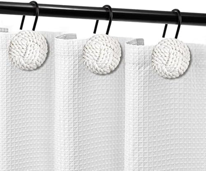 Sunlit Boho Knots Shower Curtain Hooks, Home Decorative White Shower Curtain Rings with Black Hooks for Bathroom, Seaside Nautical Shower Curtain Hangers Bathroom Accessories, Set of 12
