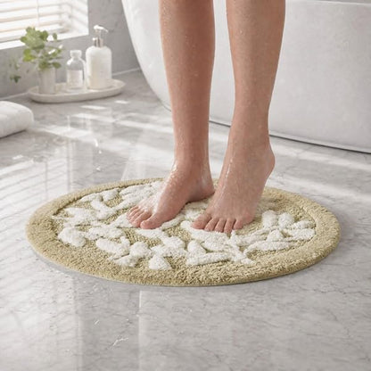 Madison Park Serene Tufted Bath Rug Cotton Absorbent, Round, Natural | Quick Dry, Soft Pile, Machine Washable, Floral Pattern, Plush, OEKO-TEX Certified