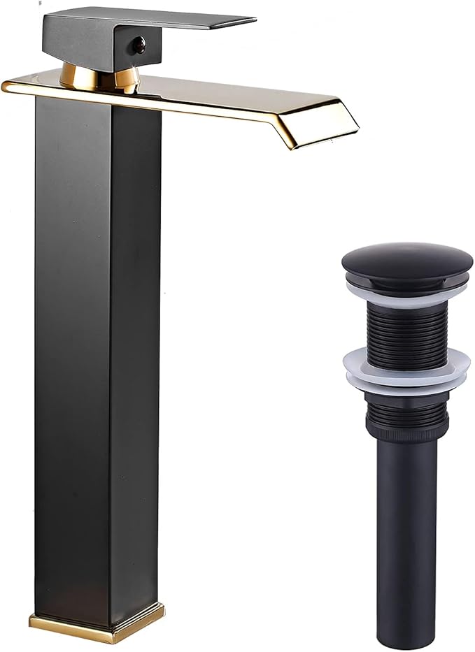 Matte Black Bathroom Faucet Golden Waterfall Vessel Sink Faucet Single Handle Bowl Vanity Sink Faucet Modern Single Hole Basin Bathroom Sink Faucet with Pop Up Drain and Faucet Supply Hose