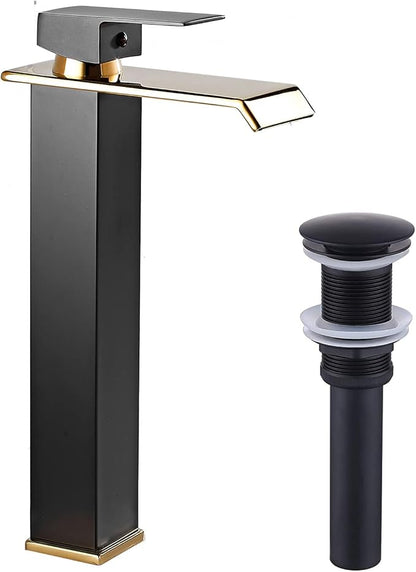 Matte Black Bathroom Faucet Golden Waterfall Vessel Sink Faucet Single Handle Bowl Vanity Sink Faucet Modern Single Hole Basin Bathroom Sink Faucet with Pop Up Drain and Faucet Supply Hose
