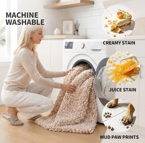 ILANGO Beige and White U Shaped 22" × 24" Non Slip & Super Absorbent Extra Thick Soft, Washable Bath Mats for Bathroom Floor, Microfiber Plush Shaggy Contour Bath Rugs for Toilet,Dry Quick