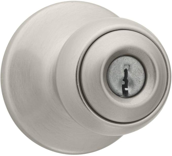 Kwikset Polo Entry Door Knob with Lock and Key, Secure Keyed Handle Exterior Doorlock, Doorknob For Front Entrance and Bedrooms in Satin Nickel, with Microban Protection