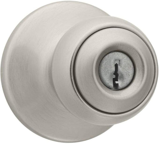 Kwikset Polo Entry Door Knob with Lock and Key, Secure Keyed Handle Exterior Doorlock, Doorknob For Front Entrance and Bedrooms in Satin Nickel, with Microban Protection