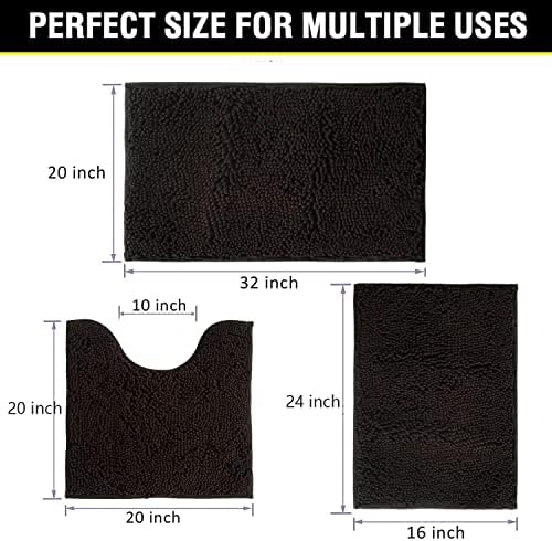 Bathroom Rugs Chenille 3-Piece Extra Soft and Absorbent Shag Bathroom Rugs, Machine Wash Mat, Strong PVC Non-Slip Underside, Plush Carpet Mats (Coffee)