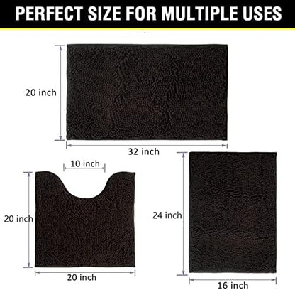 Bathroom Rugs Chenille 3-Piece Extra Soft and Absorbent Shag Bathroom Rugs, Machine Wash Mat, Strong PVC Non-Slip Underside, Plush Carpet Mats (Coffee)