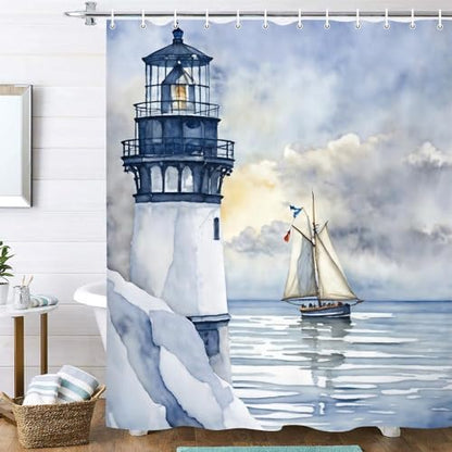 Coastal Lighthouse Shower Curtain for Bathroom, Ocean Nautical Sunrise Beach Seascape Bath Curtain, Sailboat Waterproof Shower Curtain Set Bathtub Decor Accessories with Hooks 72X72 in