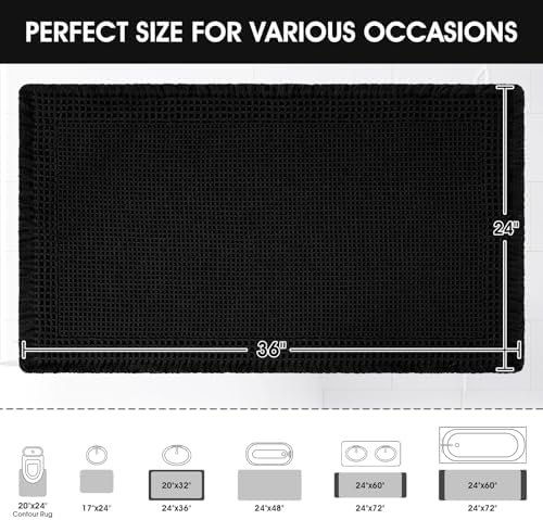 Upgraded Waffle Bath Mat, 36"x24" Black-Bordered, Super Absorbent Non-Slip Quick Dry Bathroom Rugs with Tassels, Machine Washable Ultra Soft Boho Bath Rugs for Floor, Toilet Mats Boho Farmhouse Decor