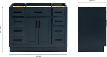 ARIEL Hepburn 42-inch Bathroom Vanity Base Cabinet,Solid Wood, 2 Soft Closing Doors, 9 Dovetail Drawers, Midnight Blue