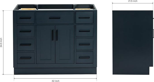 ARIEL Hepburn 42-inch Bathroom Vanity Base Cabinet,Solid Wood, 2 Soft Closing Doors, 9 Dovetail Drawers, Midnight Blue
