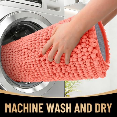 OLANLY Thick Chenille Bathroom Rugs 30x20, Soft Absorbent Bath Mat, Coral