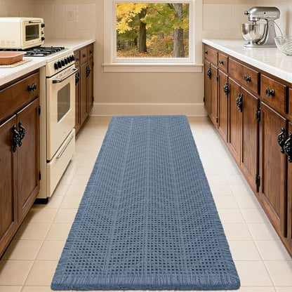 Upgrade Waffle Bath Mat, Boho Bathroom Rugs Absorbent Non Slip, Ultra Soft Bathroom Mat, Machine Washable Knit Bath Rugs with Herringbones for Bathroom, Bedroom, Kitchen, Shower, Tub, 36"x24", Blue