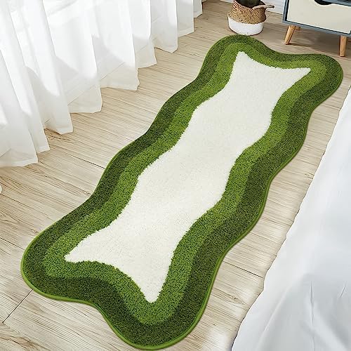HAOCOO Bathroom Rugs Runner 18x47 inch, Non Slip Soft Green Rug Irregular Shape Bathroom Mats, Washable Absorbent Long Bathroom Rugs for Bedroom Aesthetic Bathtub Sink Shower