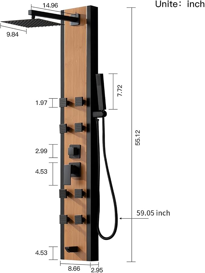 BWE Stainless Steel Shower Panel Tower System Black and Bamboo 8 Jets | Multi-Function Shower Panel System with Handheld Wand Wall Mount Shower Column Rainfall Shower Head Sprayer