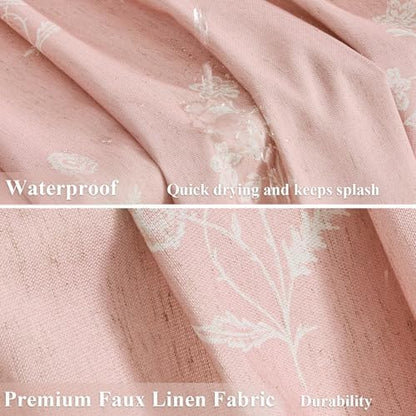 ORTIGIA Pink Linen Shower Curtain Farmhouse Vintage Floral Light Blush Pink Shower Curtains Boho Rustic Block Print Cottagecore Decor for Bathroom 72 W x 72 L
