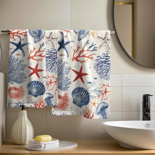 Nautical Coastal Hand Towels Set of 2, Beach Themed Ocean Seashell Coral Starfish Decorative Bathroom Towel 28x14 Inch, Soft Absorbent Microfiber Wash Cloth for Kitchen Gym Hotel Home Decor