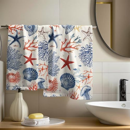 Nautical Coastal Hand Towels Set of 2, Beach Themed Ocean Seashell Coral Starfish Decorative Bathroom Towel 28x14 Inch, Soft Absorbent Microfiber Wash Cloth for Kitchen Gym Hotel Home Decor