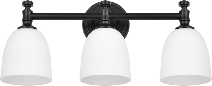 Black Bathroom Vanity Light, 3-Light Bathroom Light Fixtures Over Mirror, Traditional Vanity Lights for Living Room, Milk White Bell Glass Shades, Standard E26 Base, Matte Black