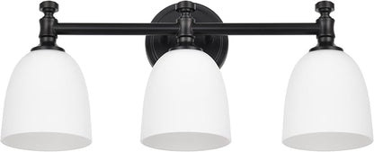 Black Bathroom Vanity Light, 3-Light Bathroom Light Fixtures Over Mirror, Traditional Vanity Lights for Living Room, Milk White Bell Glass Shades, Standard E26 Base, Matte Black