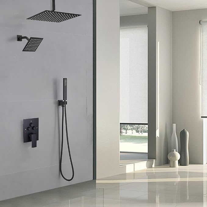 Shower Faucet Set Matte Black 12 Inch Ceiling Mount Rainfall Shower System with 2 Rain Shower Head and Handheld Head Combo Push Button Diverter Shower Trim Kit and Rough-in Valve Body