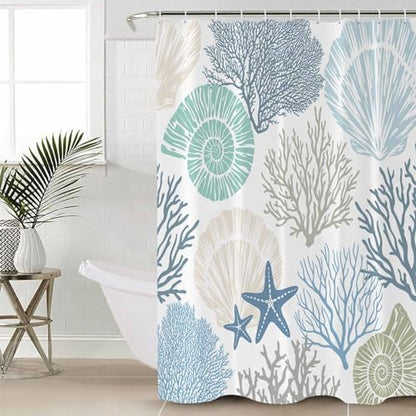 Shower Curtain Bathroom Set Blue Ocean Shells Coral Waterproof Shower Curtains with Grommets Hooks Conch Starfish Marine Life Privacy Bath Curtain for Bathtub Decor 60x72in