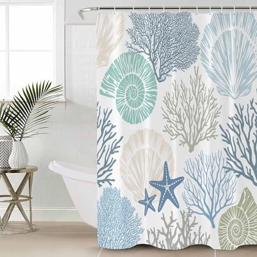 Shower Curtain Bathroom Set Blue Ocean Shells Coral Waterproof Shower Curtains with Grommets Hooks Conch Starfish Marine Life Privacy Bath Curtain for Bathtub Decor 72x78in