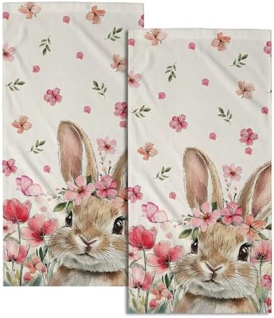 Pink Floral Bunny Hand Towels, 14x28 Inch Spring Flowers Cute Rabbit Easter Day Decor Absorbent Soft Dish Washing Cloth Face Tea Towels for Kitchen Bathroom Holiday Decoration