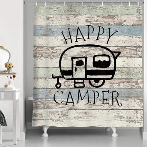 JAWO Happy Campers Shower Curtain Retro Rustic Wood Neutral Color for Travel Trailer Camping Theme Motor RV Bathroom Stall Shower Curtain Set, Waterproof Fabric Shower Cutain, Hooks Include 72X73
